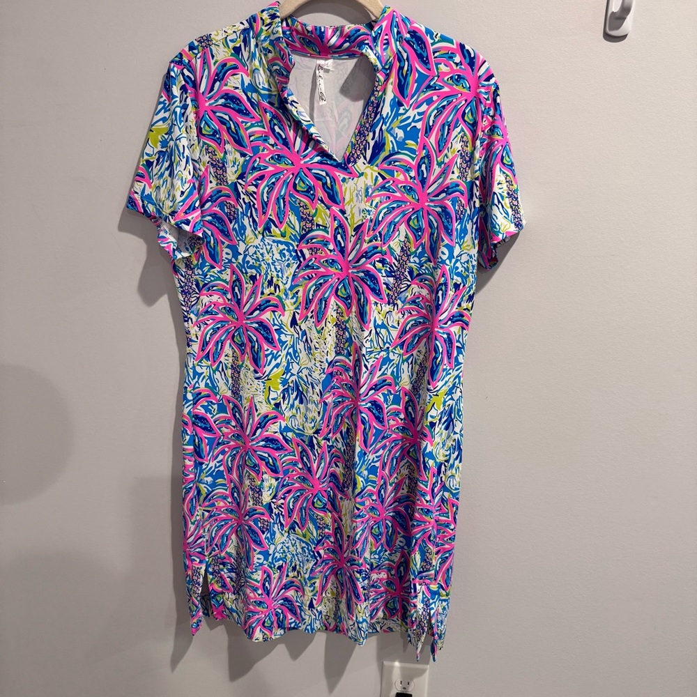 Lulu B Palm Tree Print short Sleeve A-Line Dress Multi-Colored large